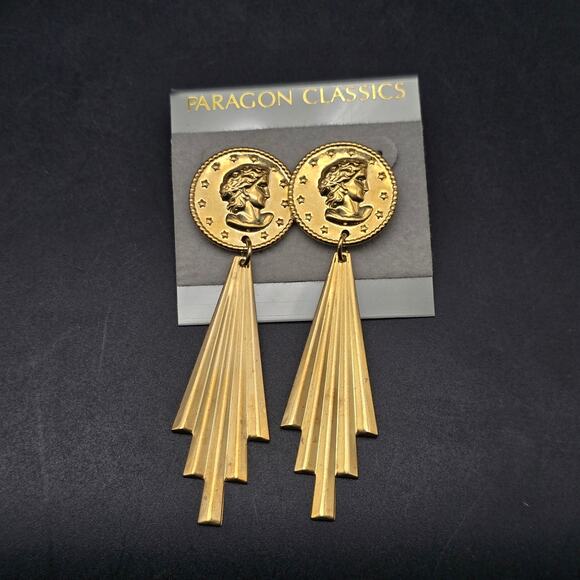 Gold Tone Cameo Lady Face Coin Earrings Art Deco Vintage Jewelry - Picture 1 of 6